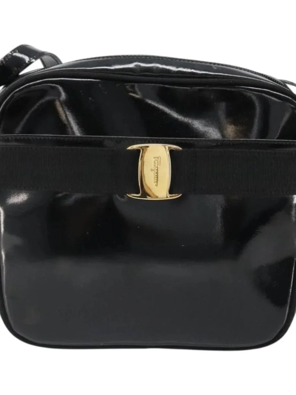 Salvatore Ferragamo Shoulder Bag Patent Leather Black Gold Auth BA13465